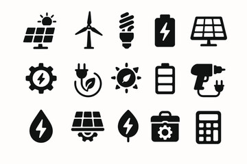 Renewable energy icons: solar, wind, eco-friendly power symbols for sustainable solutions