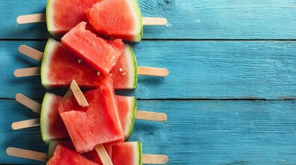 Slices of refreshing watermelon fruit arranged on wooden sticks create a vibrant summer treat display.