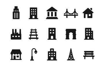 City icon set: buildings, bridge, house, factory, railway, arch, lamp, hospital, tower, bench