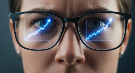 Focused woman with glasses reflects glowing chart indicating business growth. specialist analyzing data for search engine optimization and predicting future financial profit