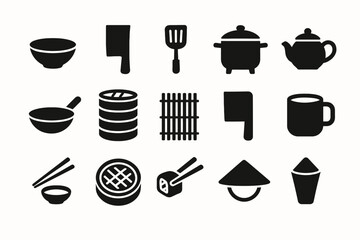 Silhouette icons of asian kitchen utensils and cooking tools