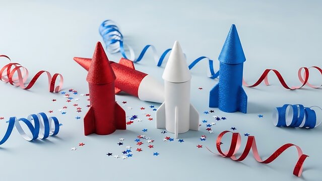 Patriotic Rocket Display for Fourth of July Celebrations Festive Decor Featuring Red White and Blue Colors Stars and Streamers for an American Holiday Concept - Powered by Adobe