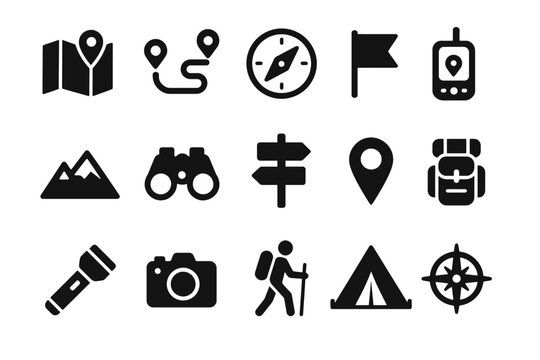 Adventure icon set: map, compass, hiking, camping symbols in black