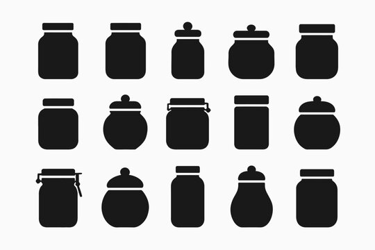 Set of jar silhouettes with various shapes and designs in black on white background