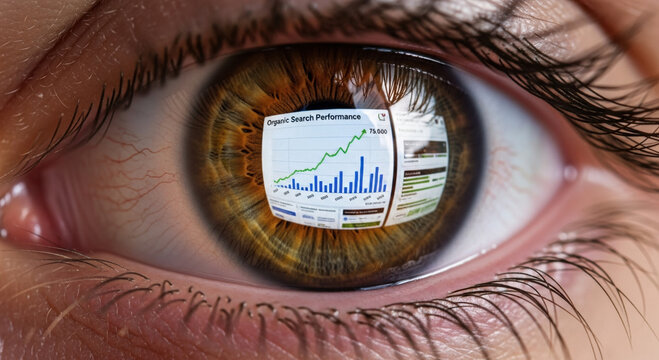 Focused eye with screen reflection of data analytics. person with intense vision monitors search engine optimization for business growth and future success online