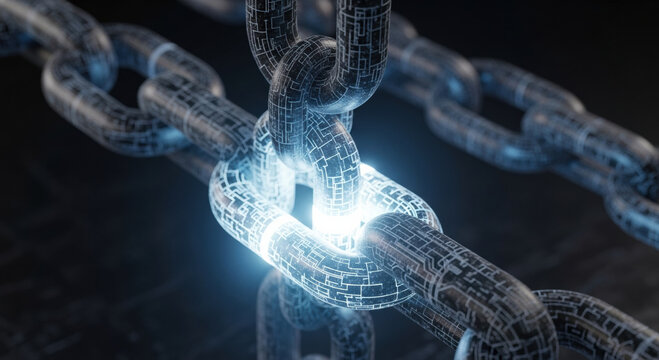 Glowing digital chain link representing search engine optimization for business growth. This powerful connection shows strength and innovation in network for secure future