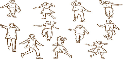 Sketch illustration of people in various poses walking dancing and moving freely