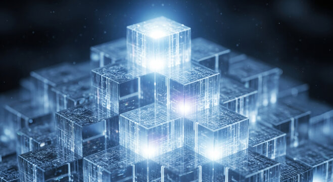 Futuristic data structure for search engine optimization and business growth. Glowing blue technology symbolizing innovation and powerful digital transformation