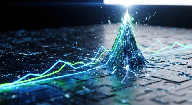 Futuristic technology graph shows financial growth. Digital data analytics for search engine optimization leading to business success and market progress on an abstract network