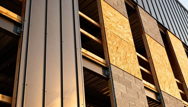 Timelapse footage of vertical siding installation on a multistory building contrasting the different textures of metal wood and cement siding panels during alignment.