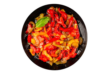 Roasted pepper salad vegetables dish natural product tasty snack fresh delicious gourmet food background on the table rustic top view copy space keto and paleo diet vegan and vegan food