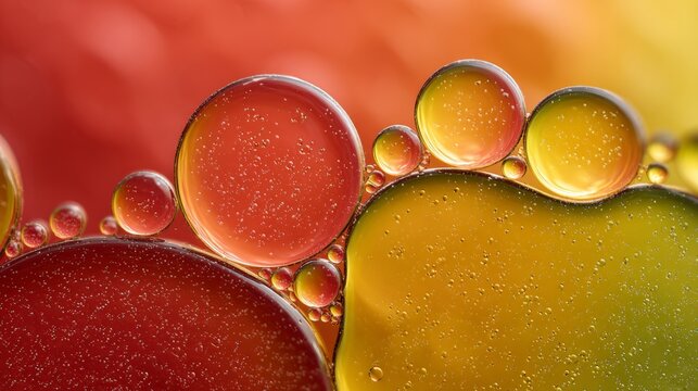 Oil droplets and water mixing, forming vibrant spheres and abstract shapes with numerous tiny air bubbles floating against a colorful red and yellow background