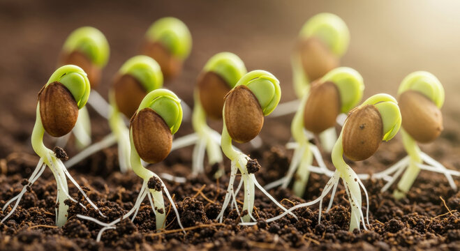 Macro view of sprouting seedlings represents hopeful beginnings. Search engine optimization provides fertile ground for business growth and new beginning for development