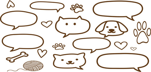 Hand drawn pet themed speech bubbles with dog cat paw prints and hearts