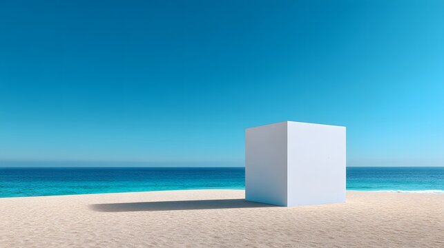 Minimalist white cube structure rests on bright sandy beach under clear blue sky