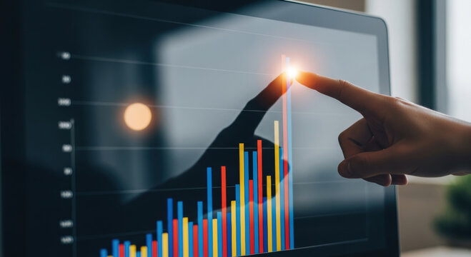 Hand touching futuristic screen shows business data analysis. bar graph pointing up illustrates market growth from good search engine optimization for successful future