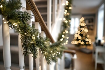 A staircase banister wrapped in fresh pine garland and white fairy lights, with a soft-focus Christmas tree in the background 
