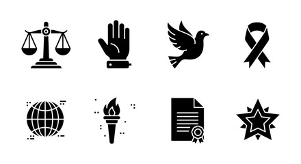 Collection of black silhouette icons for justice, peace, and achievement