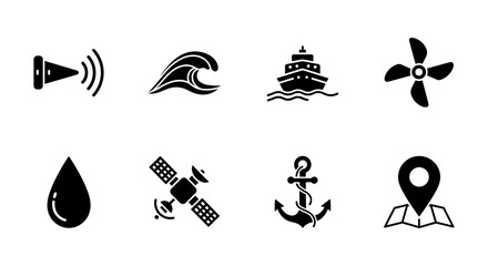 Nautical icons set featuring waves, ship, anchor, and more in minimalist style