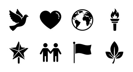 Set of black icons: peace, love, earth, unity, nature, and freedom symbols