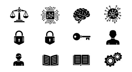 Legal and technology icons set: cybersecurity, ai, education, and innovation symbols