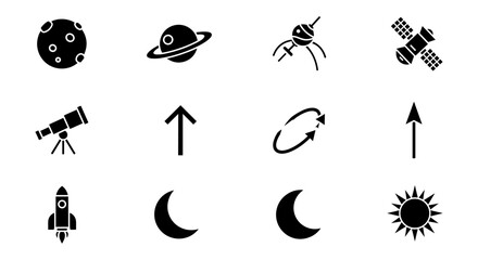 Space exploration icons: celestial bodies, telescopes, rockets, and more