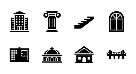 Set of architectural icons featuring buildings, columns, and bridges in bold silhouette style