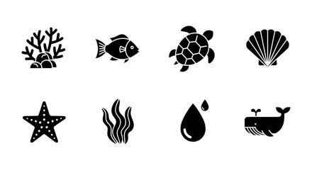 Set of sea-themed silhouettes featuring marine life and ocean elements