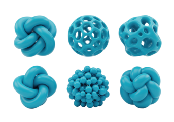 six complex cyan abstract volumetric matte sculptures (knot, porous sphere, molecular cluster) arranged as a technical still life set on a transparent background with ample copy space concept of