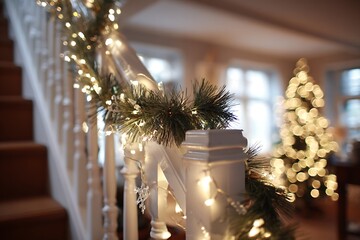 A staircase banister wrapped in fresh pine garland and white fairy lights, with a soft-focus Christmas tree in the background 