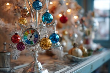 A vintage-inspired Christmas decoration setup with an aluminum tree, classic glass baubles, and a rotating color wheel 