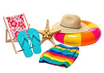 high-key studio still life of vibrant summer accessories: hibiscus chair, rainbow trunks, straw hat, inflatable pool ring, flip-flops, and starfish, isolated on white. Tropical vacation concept