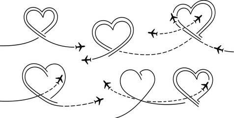 Airplane flight paths forming heart shapes set, romantic travel concept, aircraft route line art vector illustration collection.