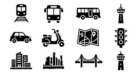 Urban transport and city icons in black silhouette style featuring vehicles and buildings