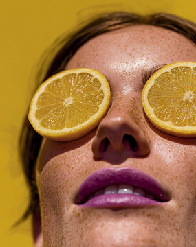 Close-up portrait with lemon slices over eyes and purple lips against bright yellow background. A surreal fashion-forward visual combining humor and vivid contrast.