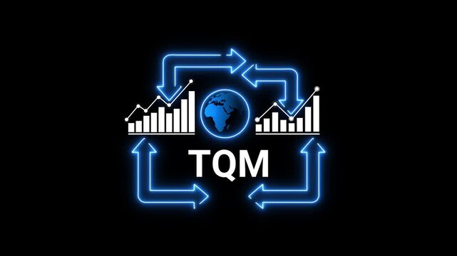TQM acronym with global earth and financial bar charts in a blue neon cycle on black background Total Quality Management
