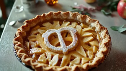 A warm apple pie with a peace sign on top, perfect for a peaceful gathering or celebration