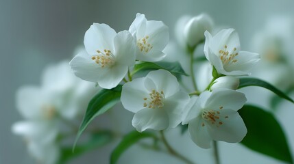 Fototapeta premium Delicate white blossoms display prominent yellow stamens against a soft, diffused background
