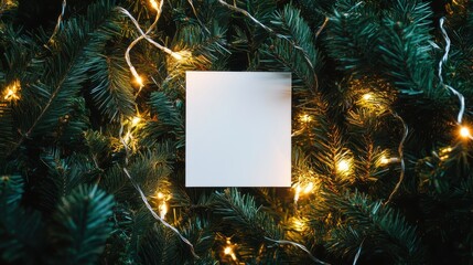 Blank white square card with copy space on a dark green christmas tree background, illuminated by golden fairy lights, perfect for holiday messages
