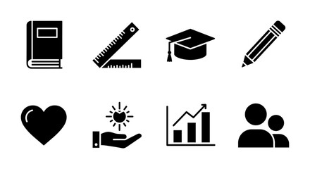 Education and growth icons: book, ruler, graduation, pencil, heart, support, chart, community