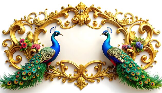 Luxurious decorative frame featuring vibrant peacocks and intricate gold elements high resolution picture