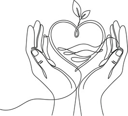 Continuous line drawing of hands holding heart with water and plant, minimalist vector for nature conservation concept.