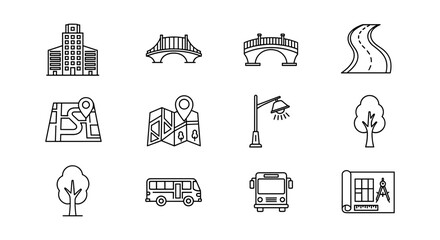 Naklejka premium Linear city elements set: buildings, bridges, roads, and transportation icons