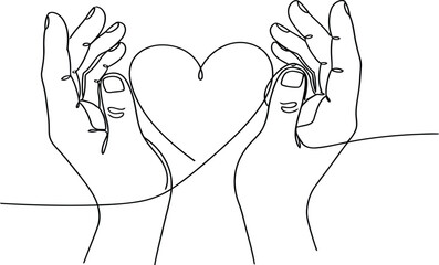 Continuous line drawing of two hands and heart, minimalist vector illustration for love, romance and care concept.