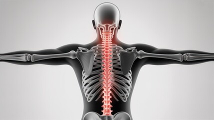 A 3D rendering illustrates the human spine and skeletal structure highlighting the vertebral column and neck region with a glowing red intensity.