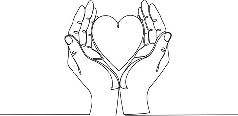 Continuous line drawing of two hands holding a heart, minimalist vector illustration representing love, care, charity, and protection concept.