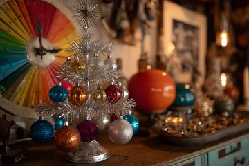 A vintage-inspired Christmas decoration setup with an aluminum tree, classic glass baubles, and a rotating color wheel 