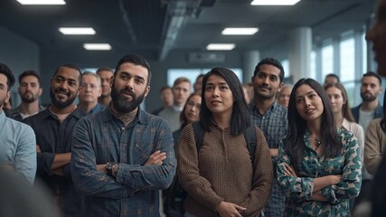 Diverse and engaged professionals with crossed arms listening intently in a modern corporate environment or seminar