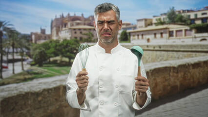 Chef man holds whisk and ladle with both hands on a cobbled street by stone building and palm trees; confidence craft tradition.