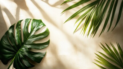 Tropical monstera and palm leaves casting beautiful shadows on a textured sandy background, evoking a serene summer vacation and natural beauty